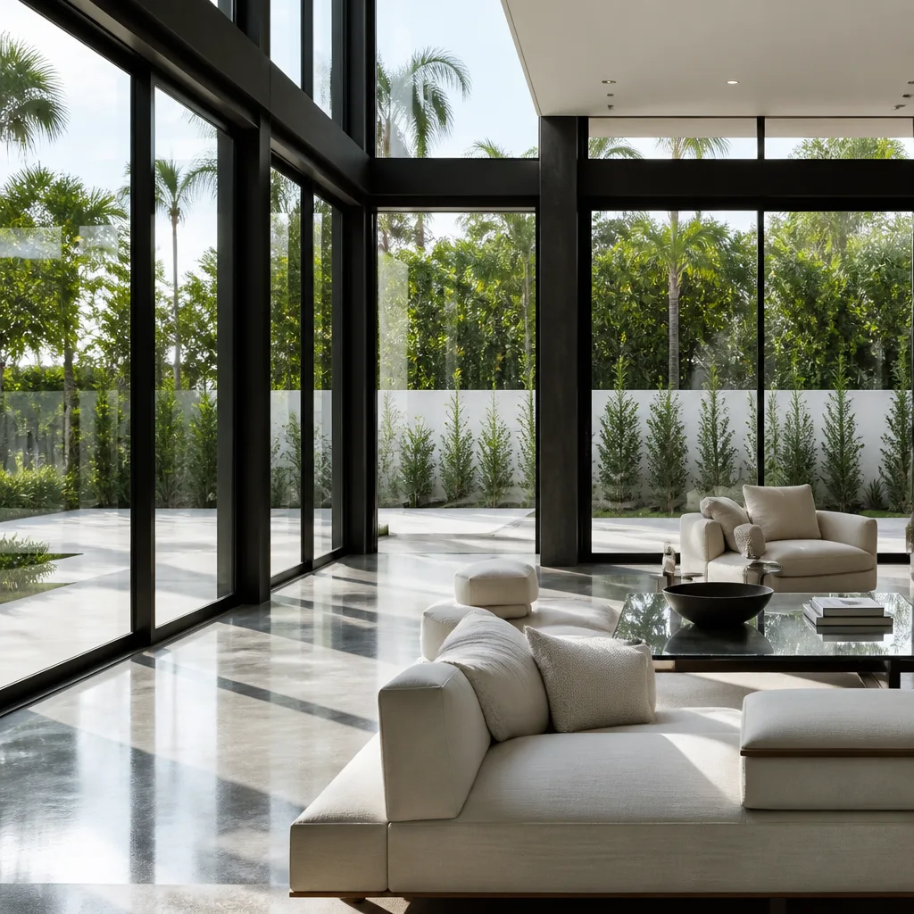 Modern floor-to-ceiling impact windows in a luxury minimalist living room.